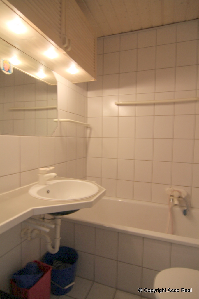 Waschbecken, daneben Ablage und im Hintergrund die Wanne