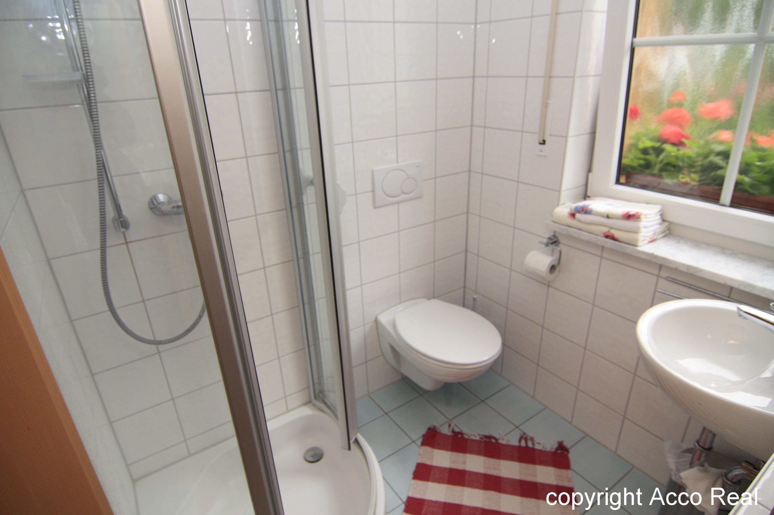 Badezimmer mit Duschkabine, WC, Waschbecken und Fenster.